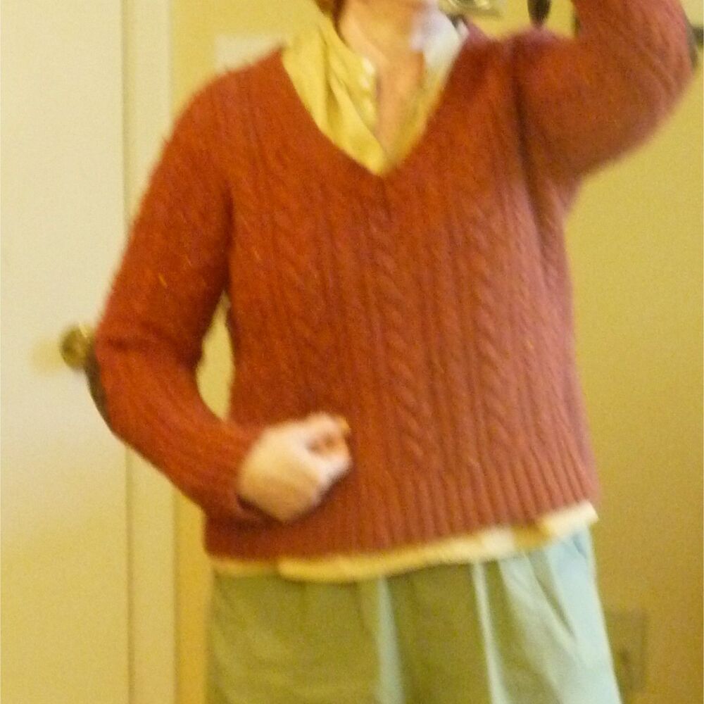 Hand Knit Lambswool Irish Aran Cable V-neck Sweater Suede Elbow Patches L